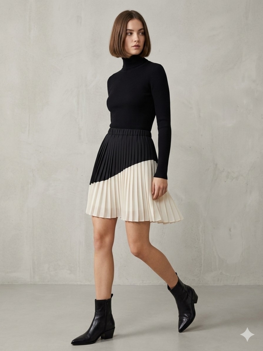 Banana Republic Black and Cream Pleated Colorblock Skater Skirt